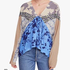 Free People Womens Blue Aloha Patchwork Floral Long Sleeve Blouse Medium